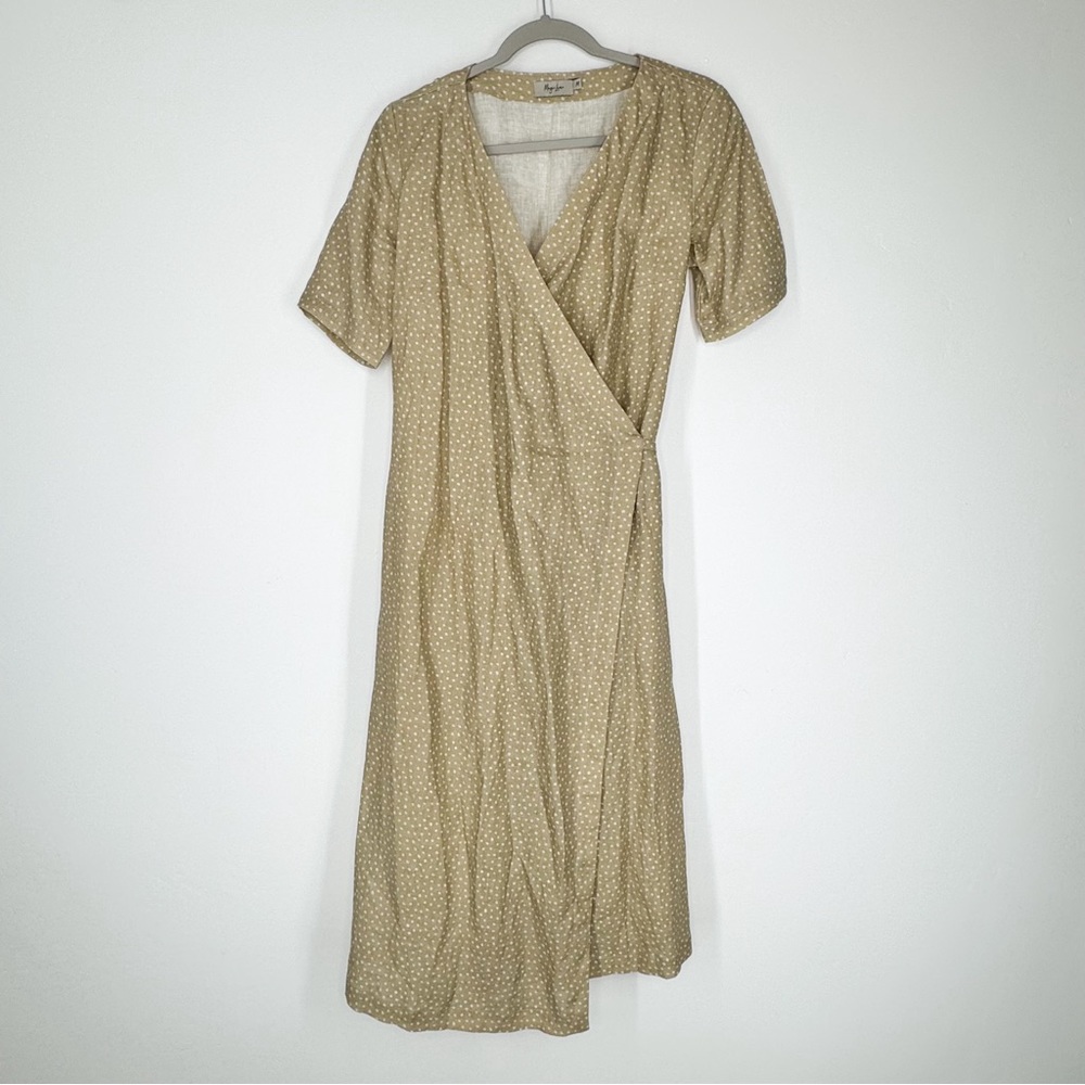 Magic Linen 100% Linen Polka Dot Wrap Dress Greenish Burlap Color Women’s Medium
